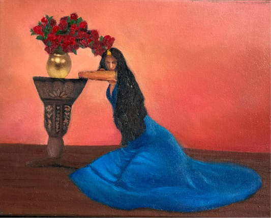Painting of a woman in a blue dress sitting next to a table with red flowers against a pinkish coral background